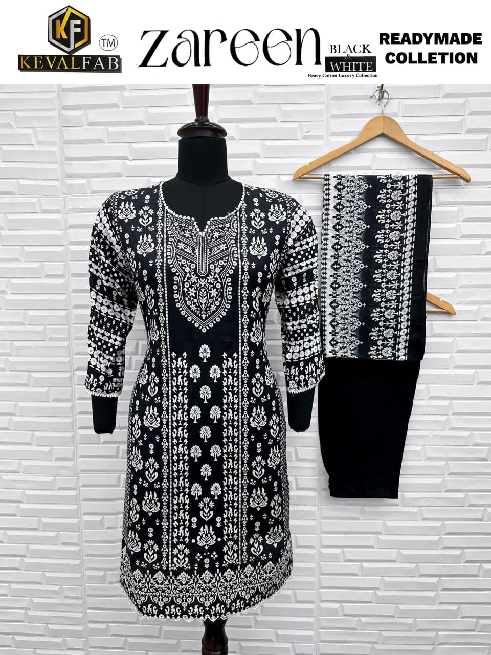 Zareen Black And White Keval Fab Heavy Cotton Karachi Readymade Suits Supplier India