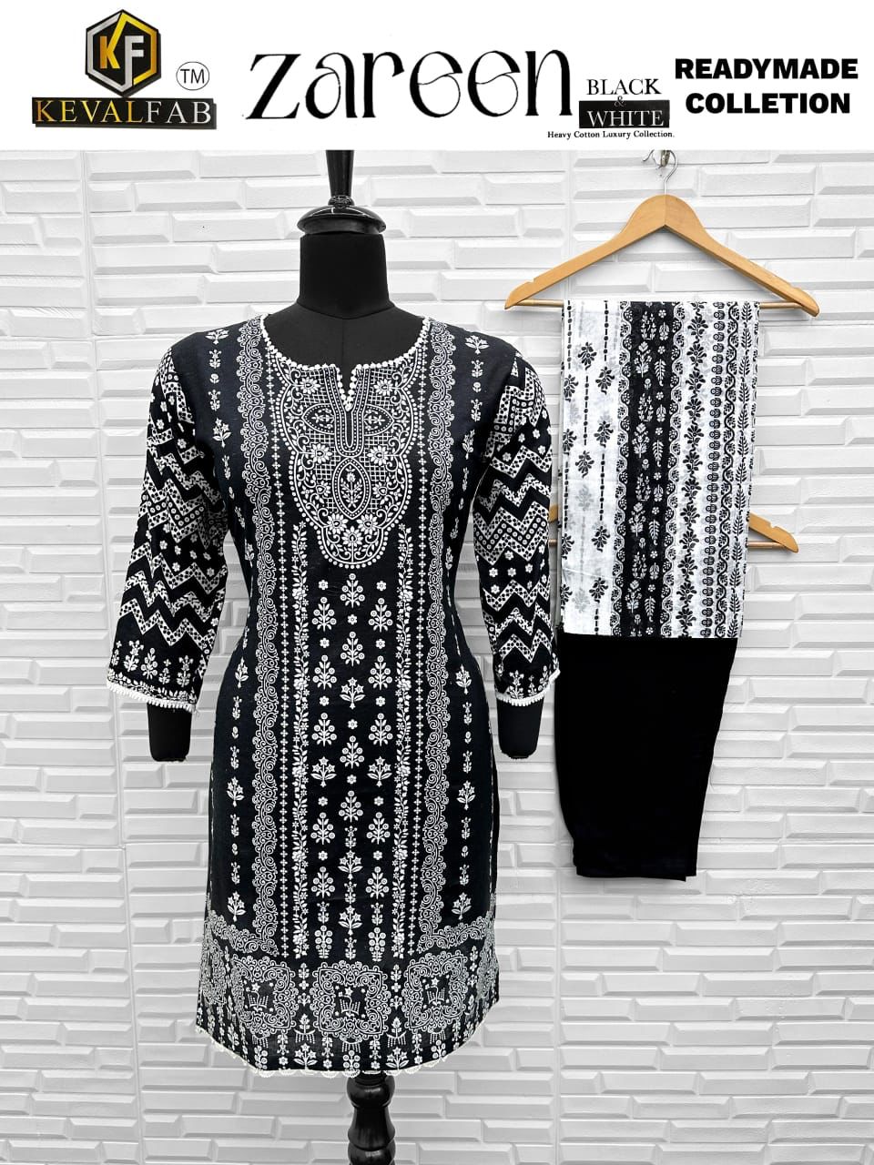 Zareen Black And White Keval Fab Heavy Cotton Karachi Readymade Suits Supplier India
