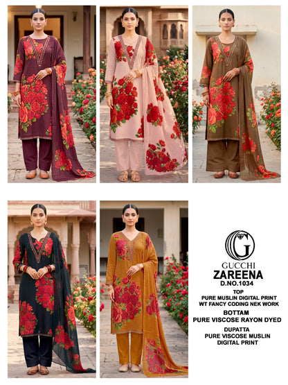 Zareena 1034 Gucchi Viscose Muslin Pant Style Suits Wholesaler Gujarat