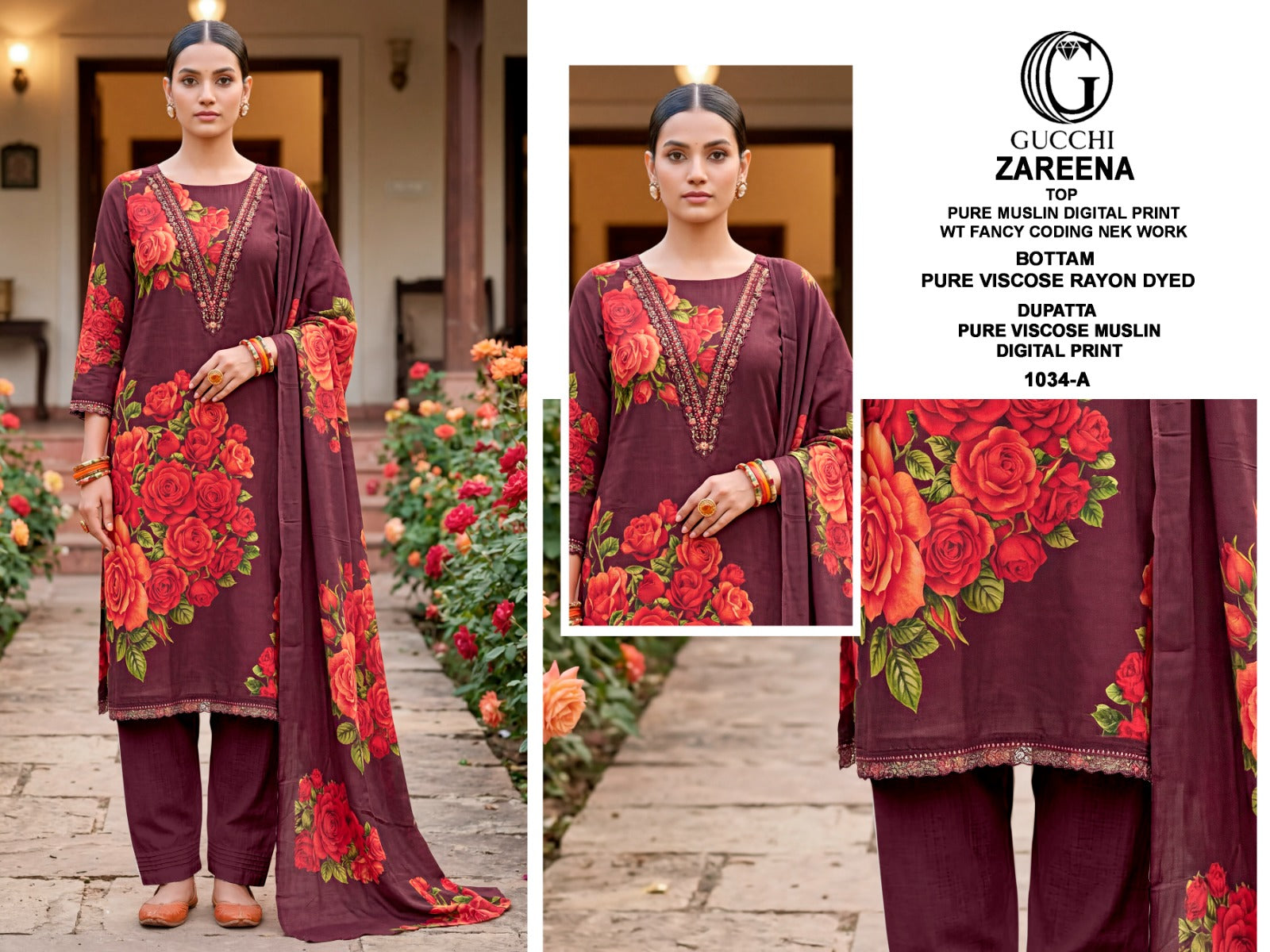 Zareena 1034 Gucchi Viscose Muslin Pant Style Suits Wholesaler Gujarat