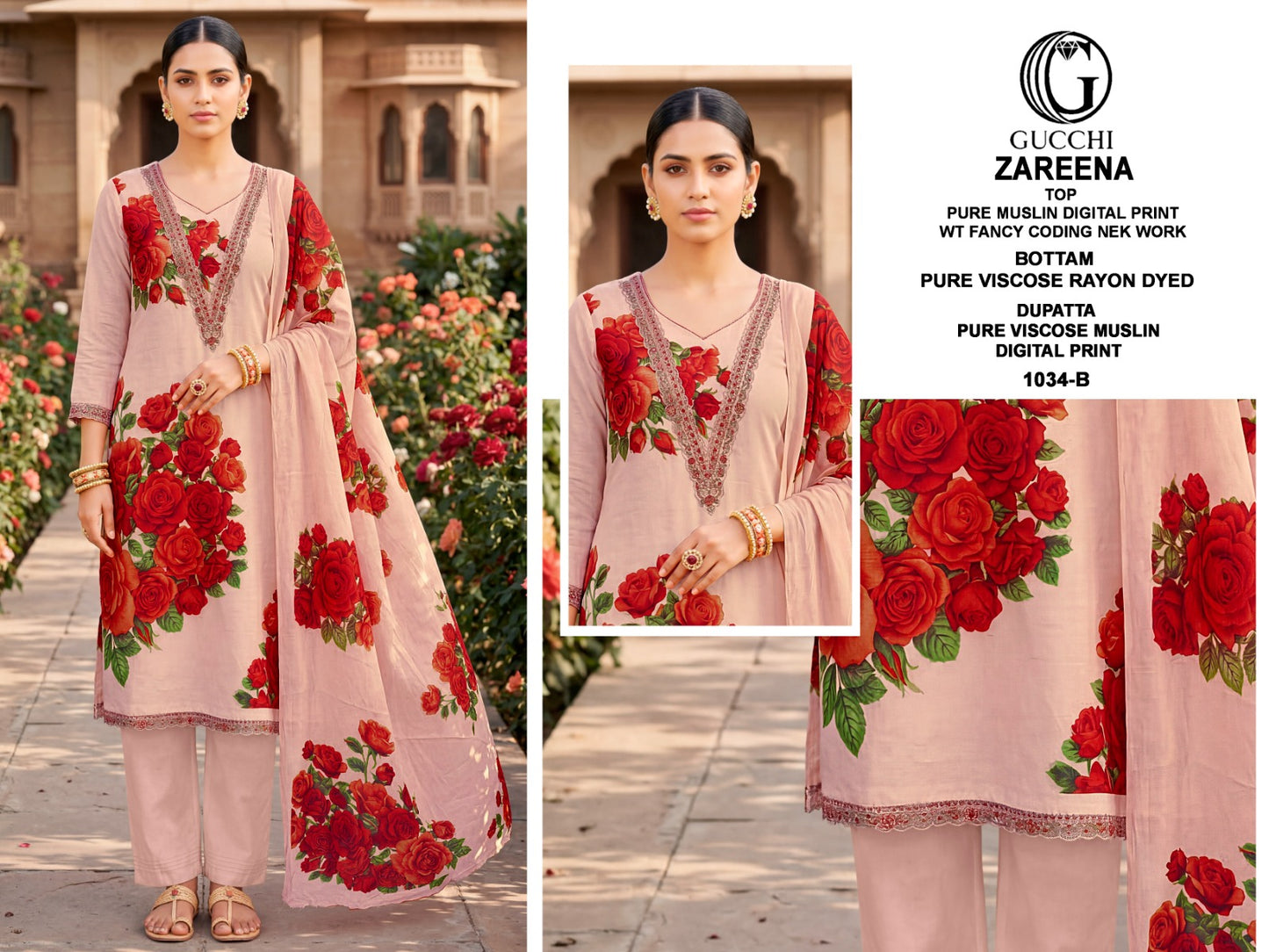 Zareena 1034 Gucchi Viscose Muslin Pant Style Suits Wholesaler Gujarat