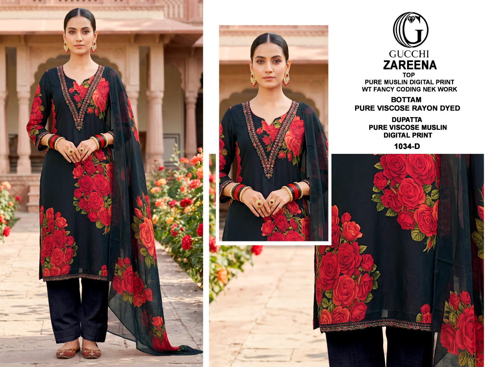 Zareena 1034 Gucchi Viscose Muslin Pant Style Suits Wholesaler Gujarat