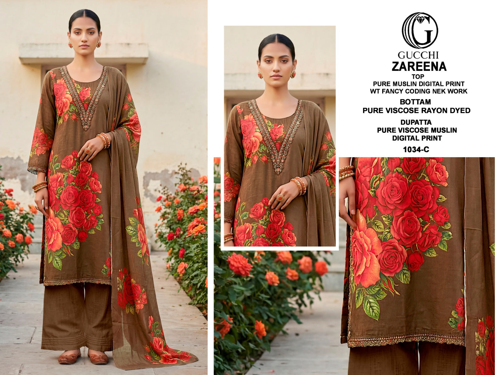 Zareena 1034 Gucchi Viscose Muslin Pant Style Suits Wholesaler Gujarat