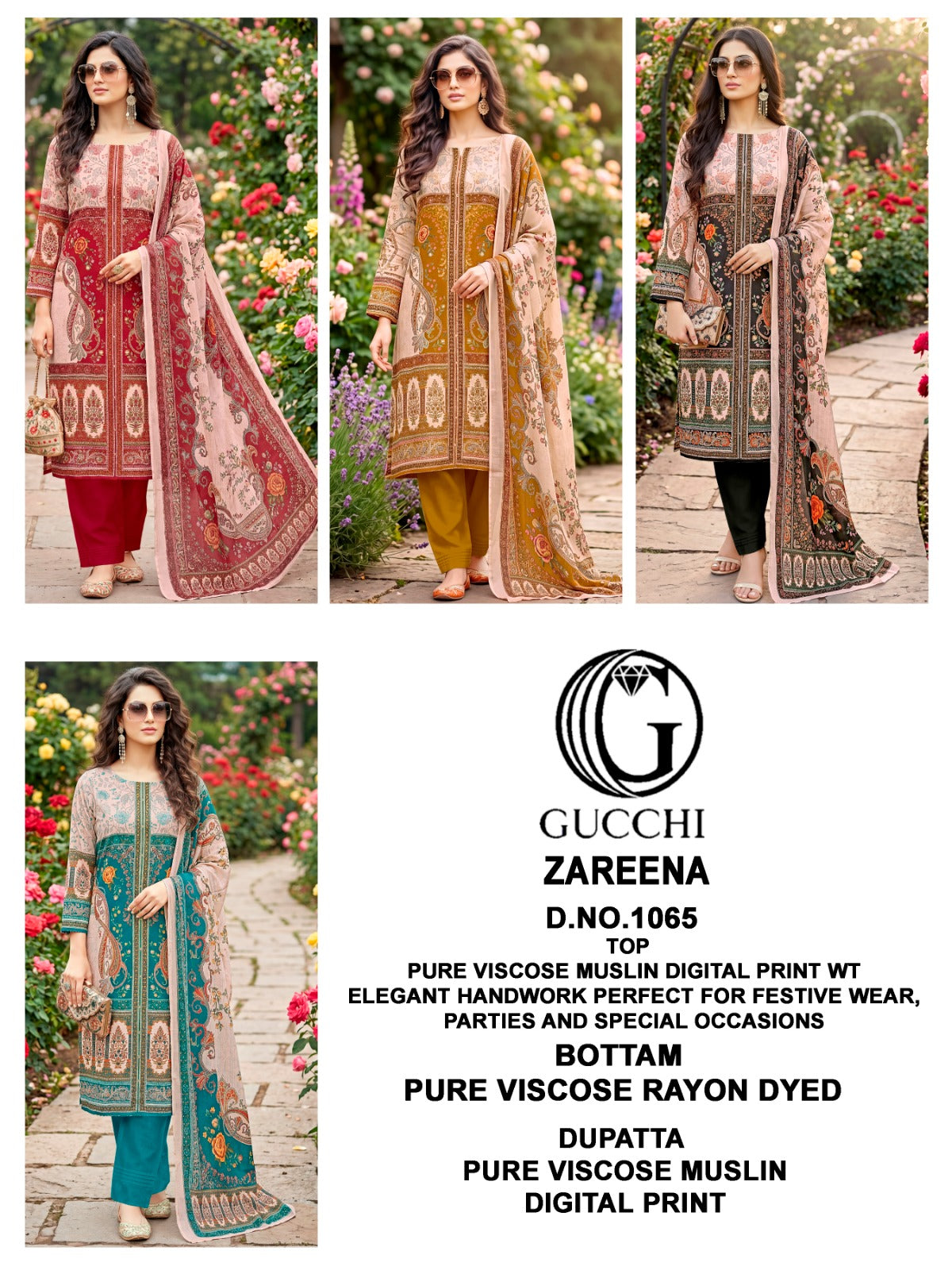 Zareena 1065 Gucchi Viscose Muslin Pant Style Suits Manufacturer