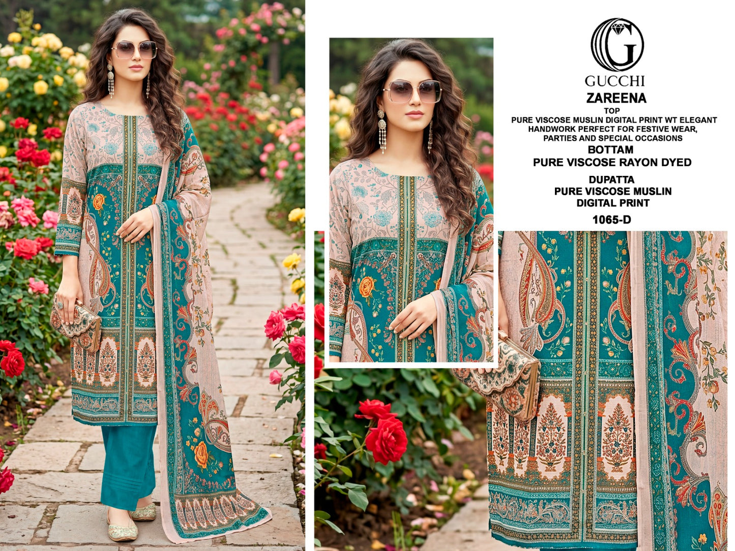 Zareena 1065 Gucchi Viscose Muslin Pant Style Suits Manufacturer