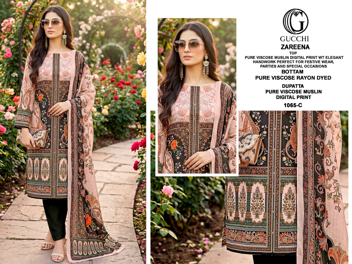 Zareena 1065 Gucchi Viscose Muslin Pant Style Suits Manufacturer