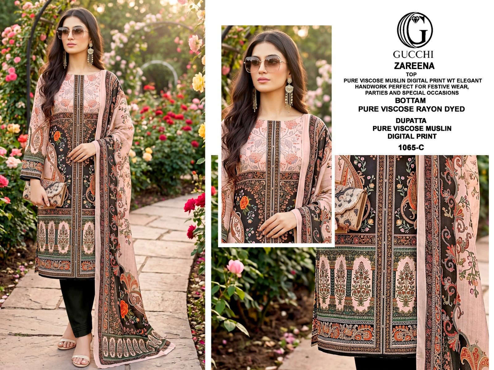 Zareena 1065 Gucchi Viscose Muslin Pant Style Suits Manufacturer