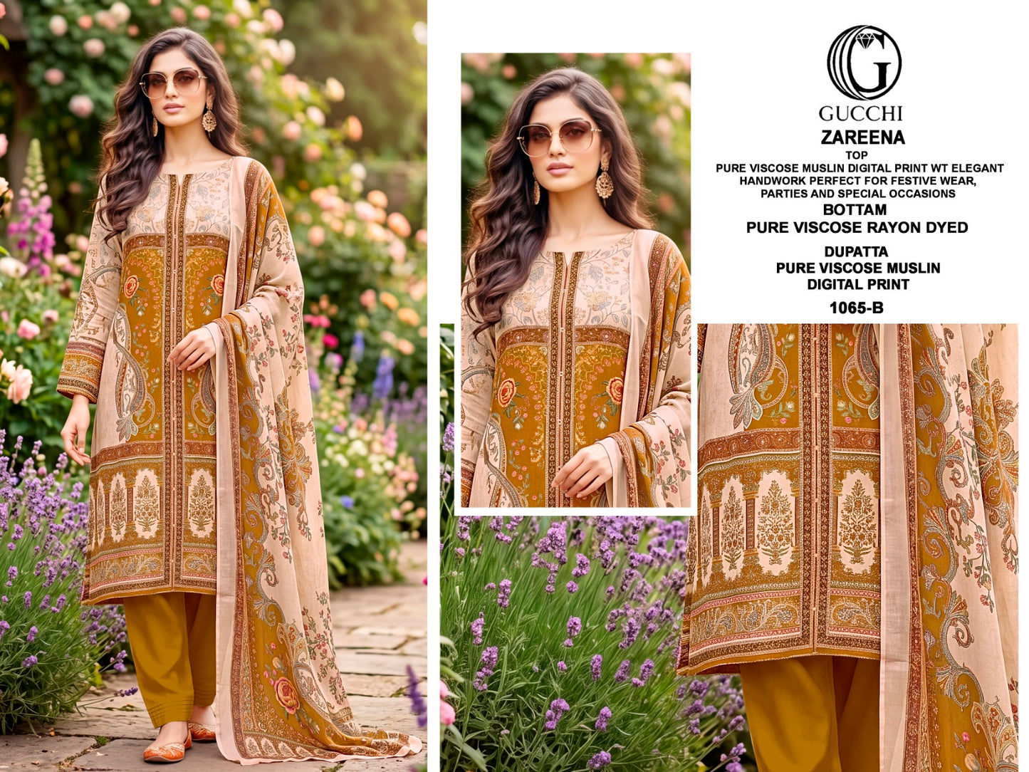Zareena 1065 Gucchi Viscose Muslin Pant Style Suits Manufacturer