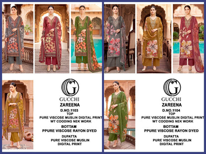 Zareena 1103-1104 Gucchi Viscose Muslin Pant Style Suits Supplier Gujarat