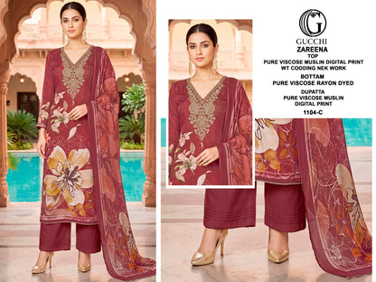 Zareena 1103-1104 Gucchi Viscose Muslin Pant Style Suits Supplier Gujarat