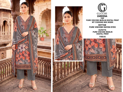 Zareena 1103-1104 Gucchi Viscose Muslin Pant Style Suits Supplier Gujarat