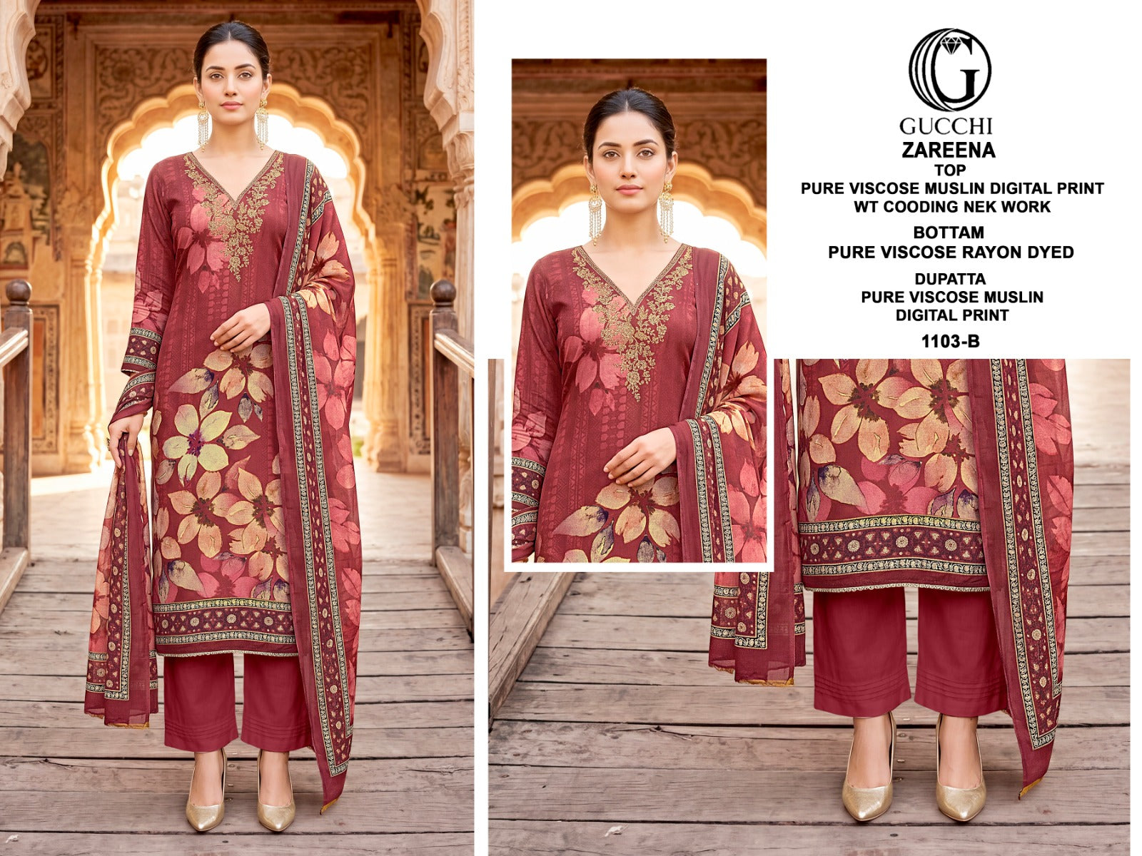 Zareena 1103-1104 Gucchi Viscose Muslin Pant Style Suits Supplier Gujarat