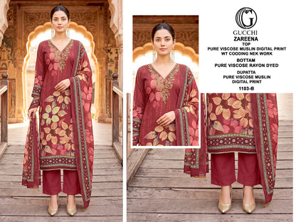 Zareena 1103-1104 Gucchi Viscose Muslin Pant Style Suits Supplier Gujarat