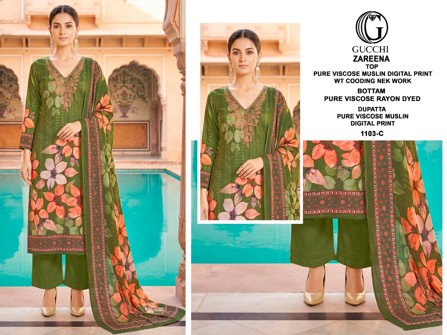 Zareena 1103-1104 Gucchi Viscose Muslin Pant Style Suits Supplier Gujarat