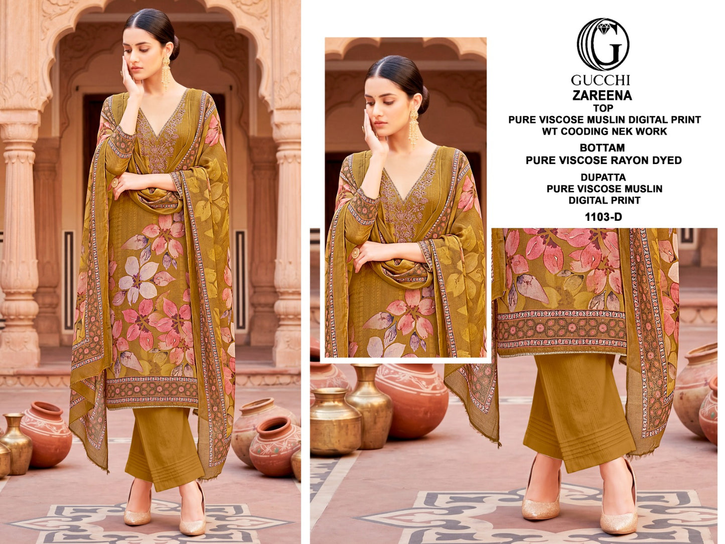 Zareena 1103-1104 Gucchi Viscose Muslin Pant Style Suits Supplier Gujarat
