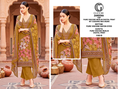 Zareena 1103-1104 Gucchi Viscose Muslin Pant Style Suits Supplier Gujarat