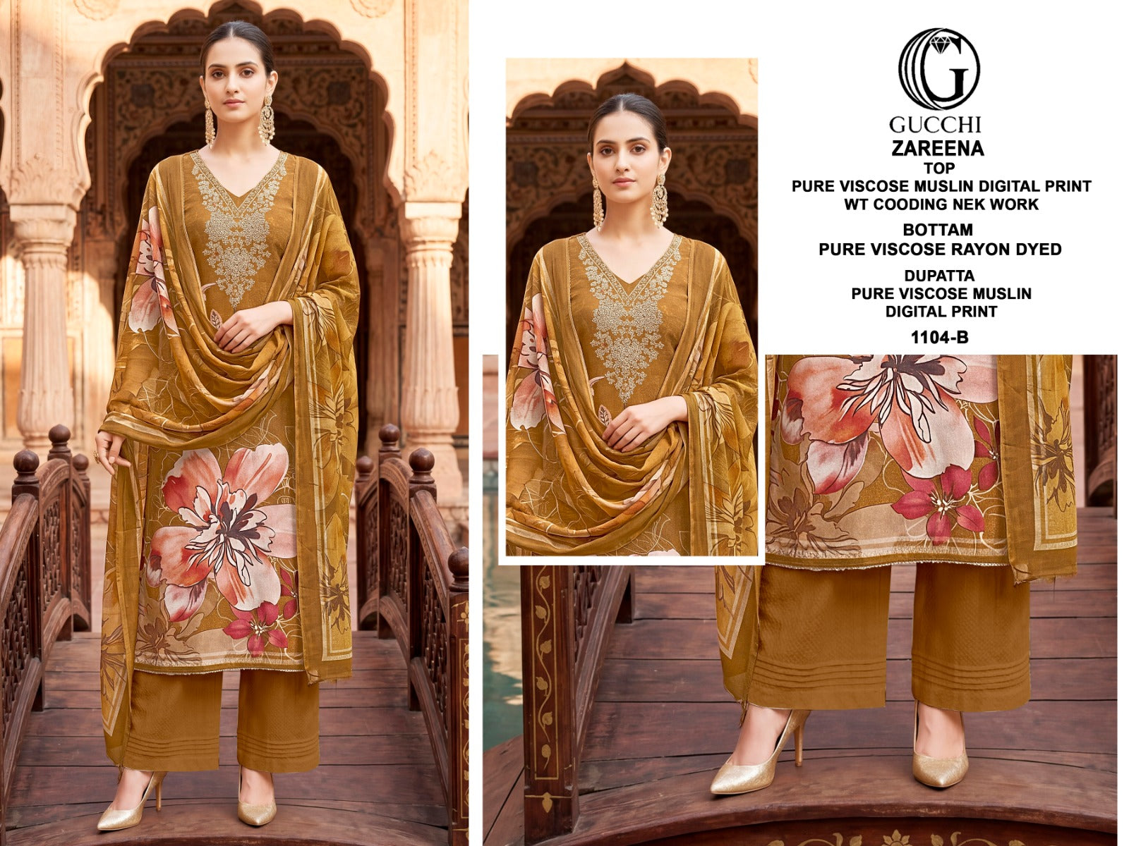 Zareena 1103-1104 Gucchi Viscose Muslin Pant Style Suits Supplier Gujarat