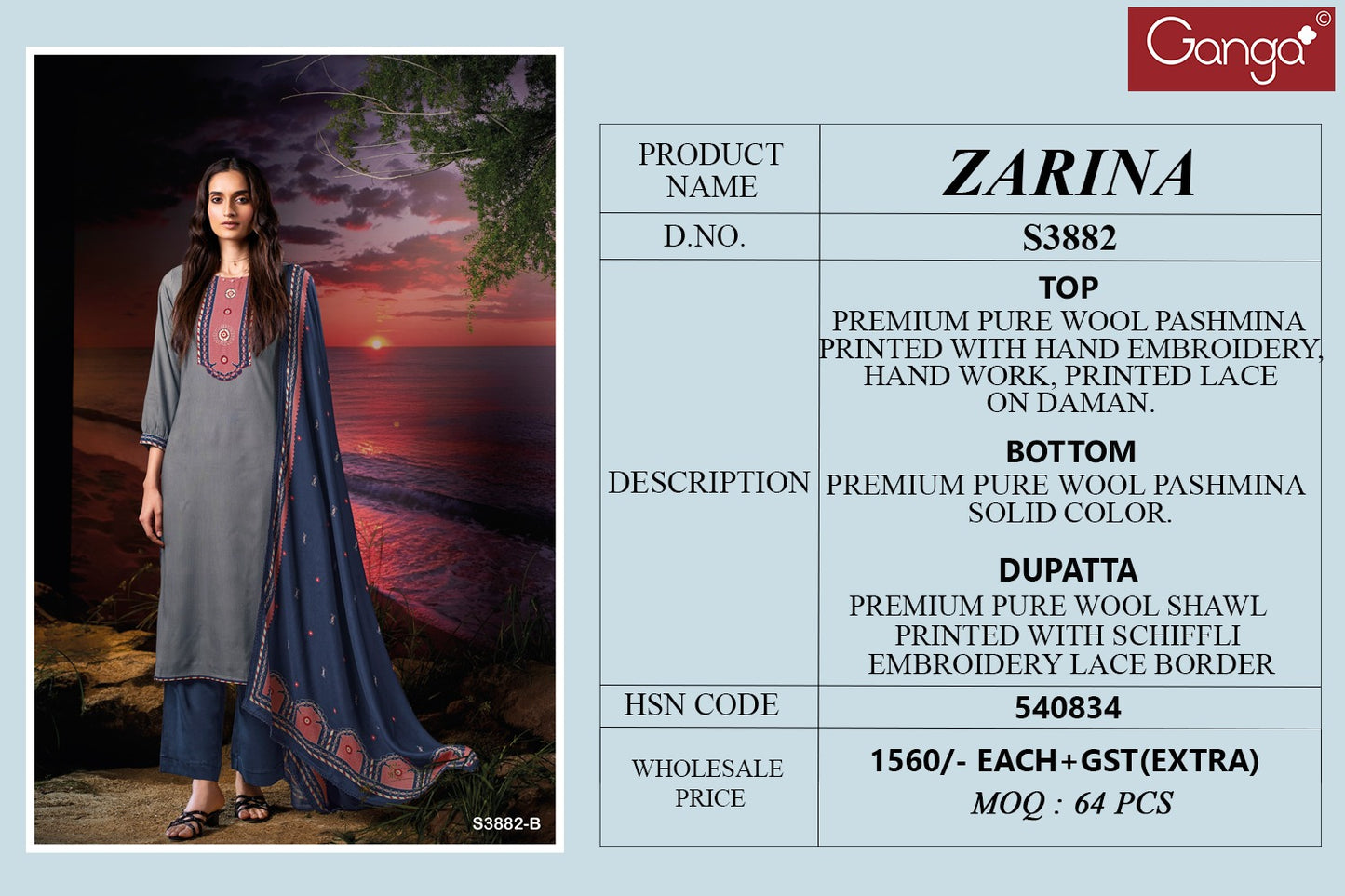 Zarina 3882 Ganga Wool Pashmina Suits Exporter India