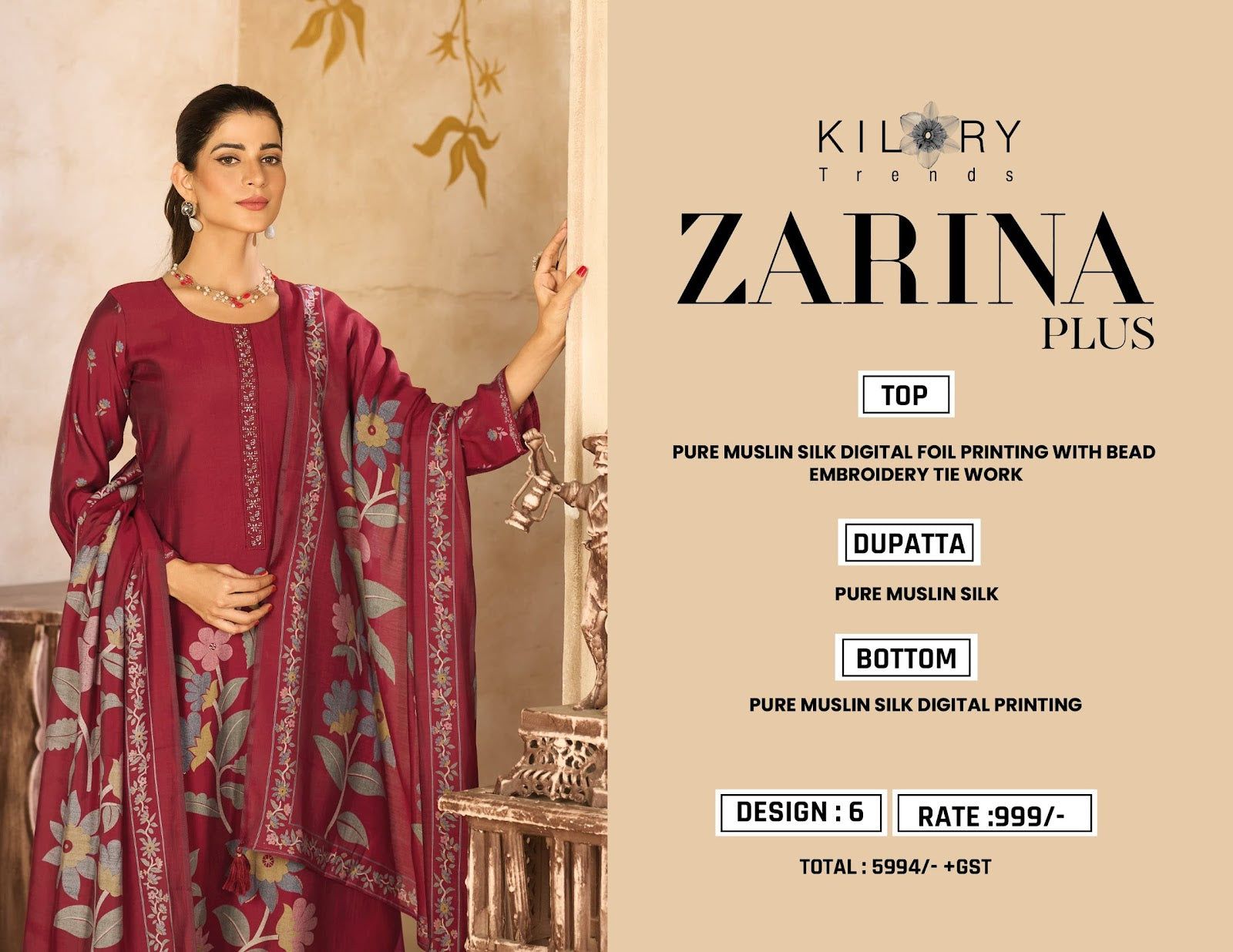 Zarina Plus Kilory Pure Muslin Pant Style Suits Manufacturer