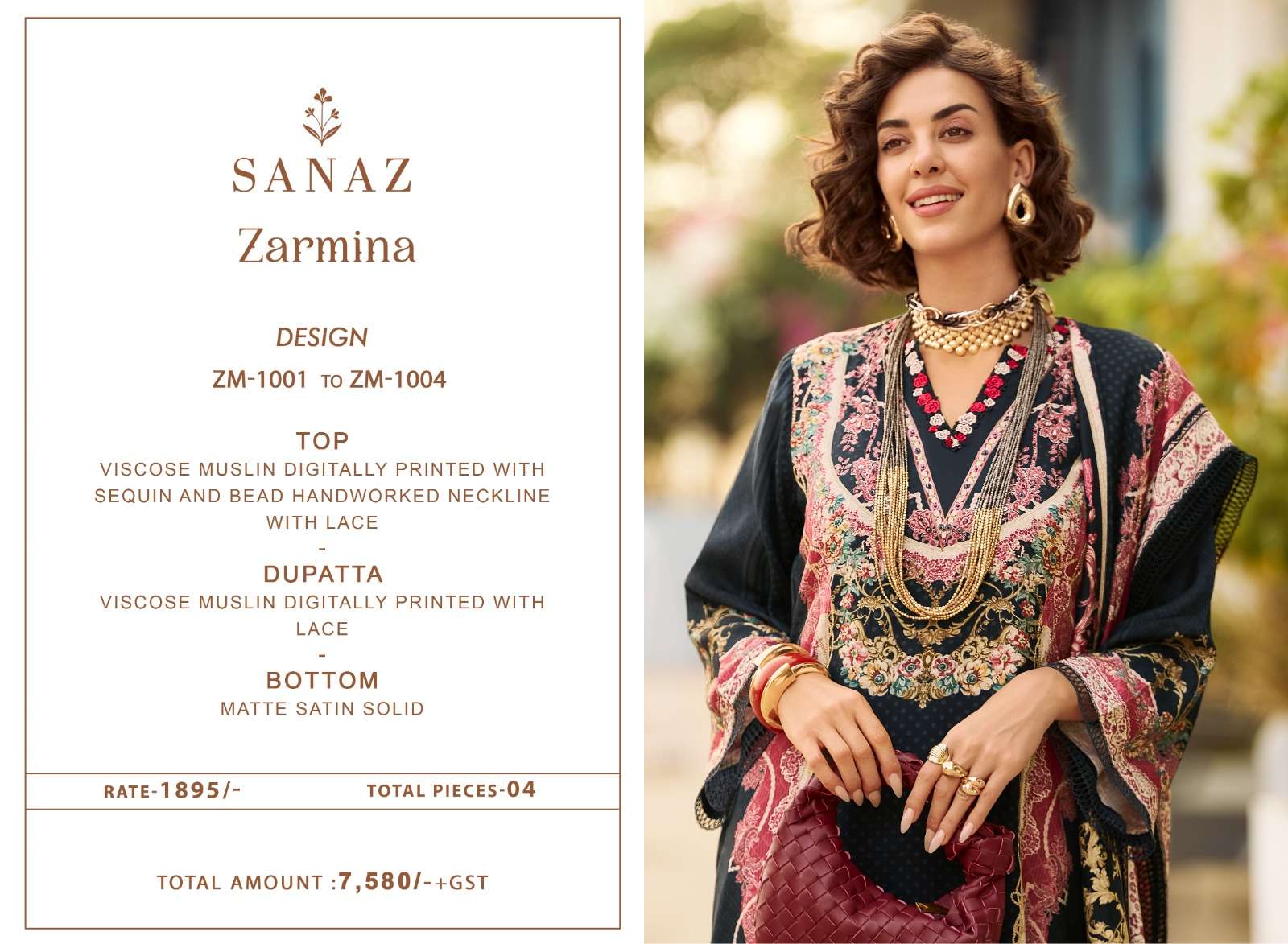 Zarmina Sanaz Viscose Muslin Pakistani Salwar Suits Wholesale Price
