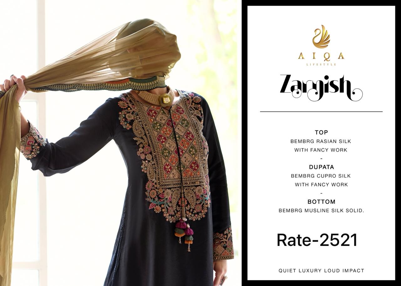 Zarnish Aiqa Bemberg Silk Pakistani Salwar Suits Exporter