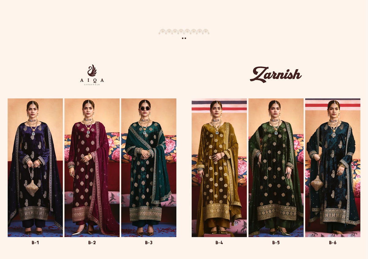 Zarnish Aiqa Viscose Velvet Suits Exporter Ahmedabad