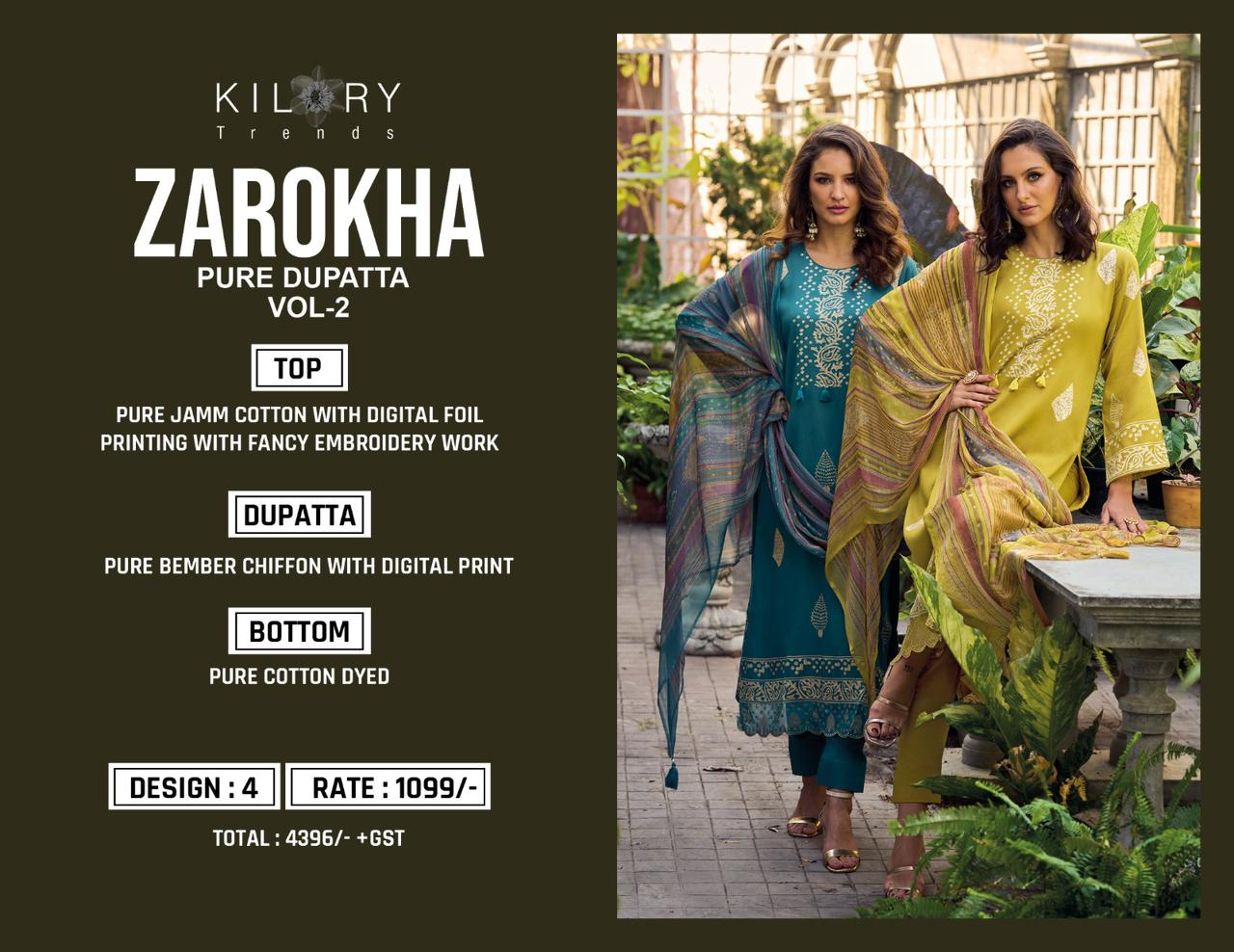 Zarokha 2 Kilory Jam Cotton Pant Style Suits Wholesale Price