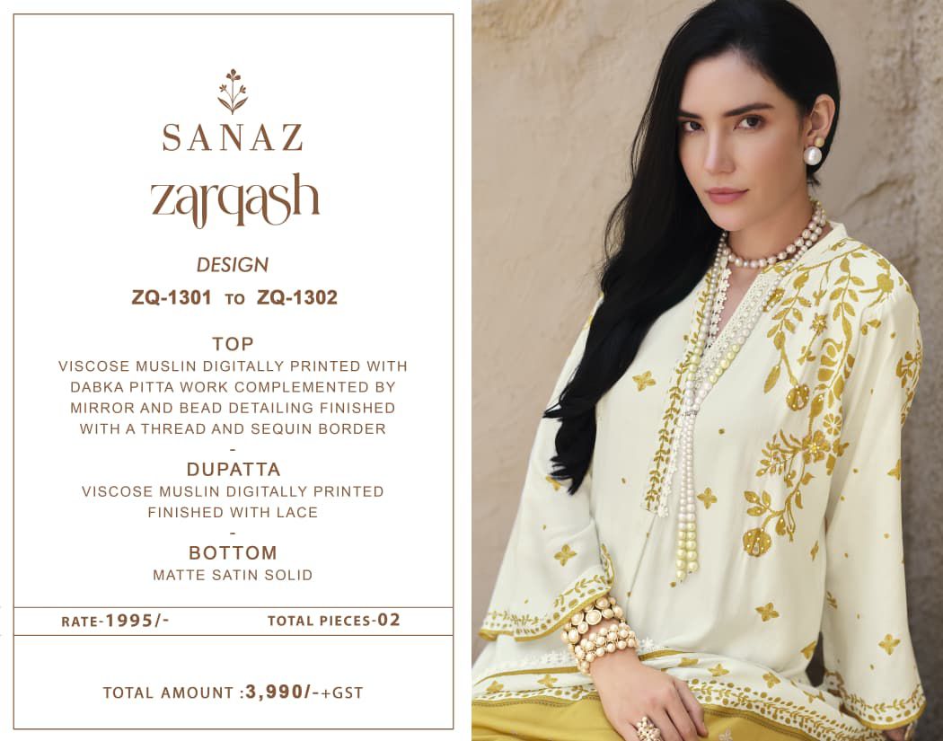 Zarqash Sanaz Viscose Muslin Pakistani Salwar Suits Manufacturer Ahmedabad