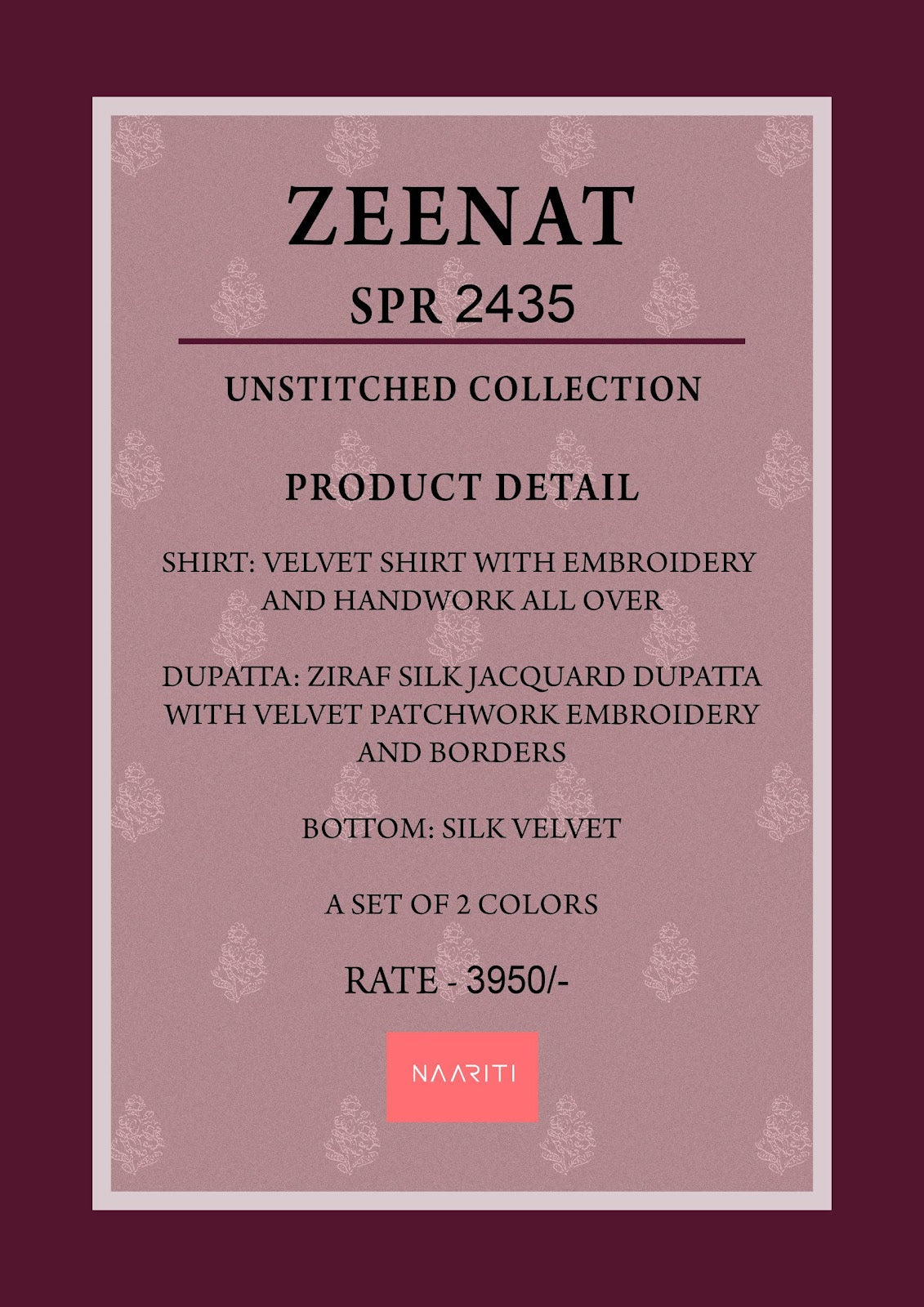Zeenat Naariti Velvet Suits Supplier