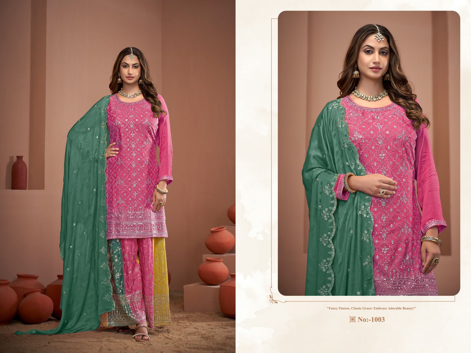 Zeenat Roshni Chinon Silk Readymade Suits Wholesaler Ahmedabad