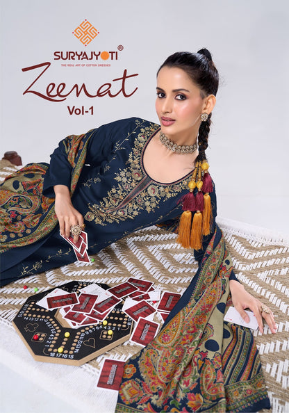 Zeenat Vol 1 Suryajyoti Jaam Satin Pant Style Suits Wholesale Price