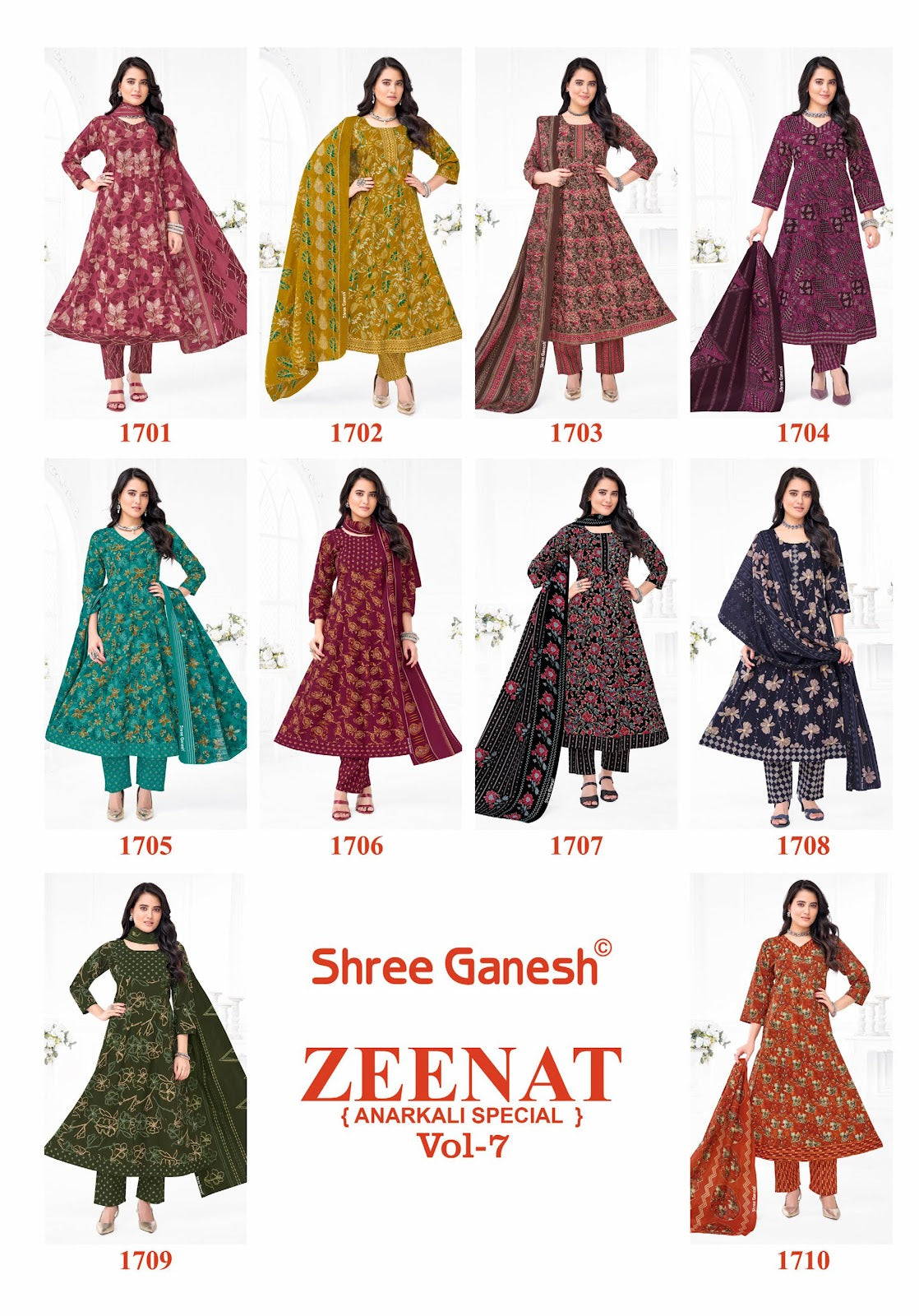 Zeenat Vol 7 Sleeves Pattern Shree Ganesh Cotton Readymade Anarkali Suits Wholesaler