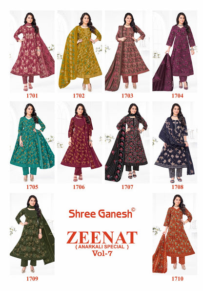 Zeenat Vol 7 Sleeves Pattern Shree Ganesh Cotton Readymade Anarkali Suits Wholesaler