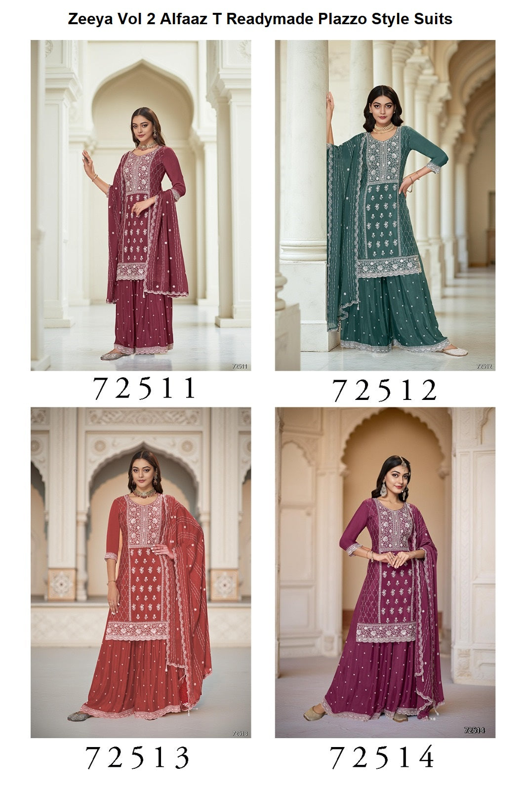 Zeeya Vol 2 Alfaaz T Chinon Readymade Plazzo Style Suits Exporter India