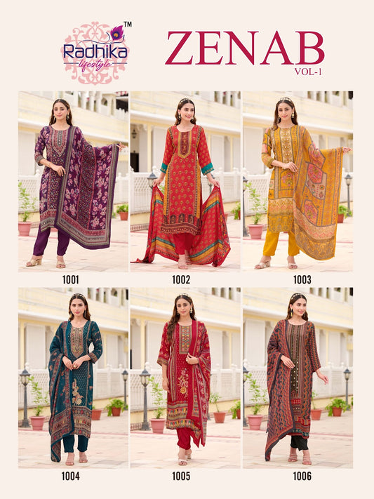 Zenab Vol 1 Radhika Lifestyle Natural Crepe Readymade Pant Style Suits Exporter