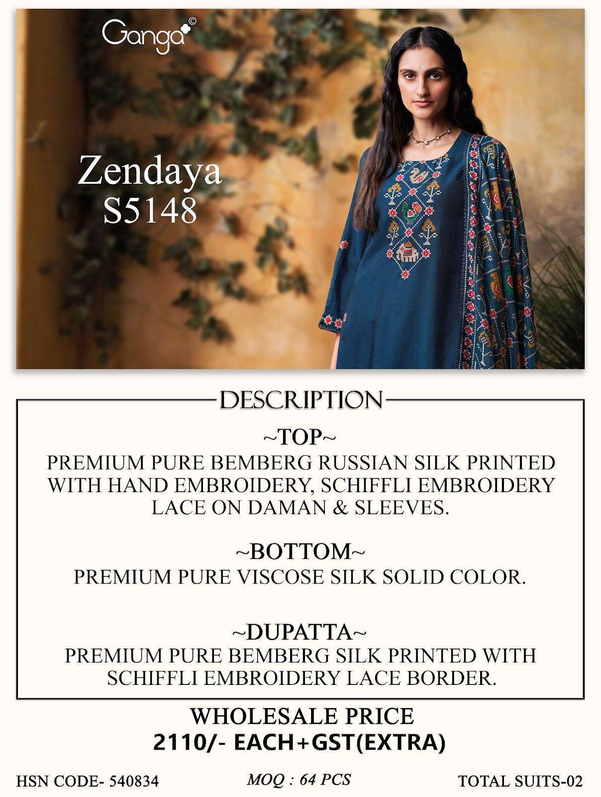 Zendaya S5148 Ganga Russian Silk Plazzo Style Suits Wholesaler Ahmedabad