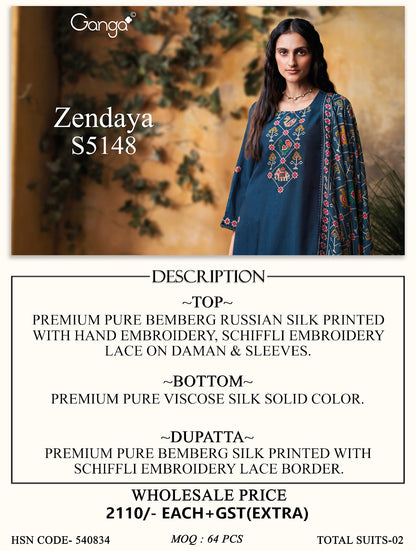 Zendaya S5148 Ganga Russian Silk Plazzo Style Suits Wholesaler Ahmedabad
