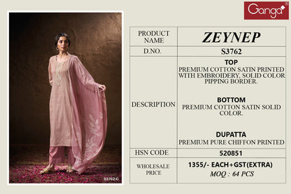 Zeynep 3762 Ganga Premium Cotton Plazzo Style Suits Manufacturer Gujarat