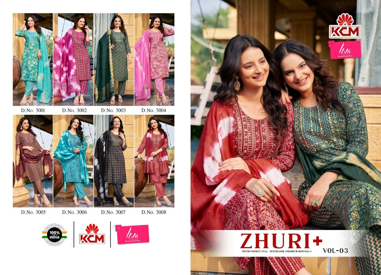 Zhuri Vol 3 Kcm Capsule Rayon Readymade Pant Style Suits Exporter Gujarat