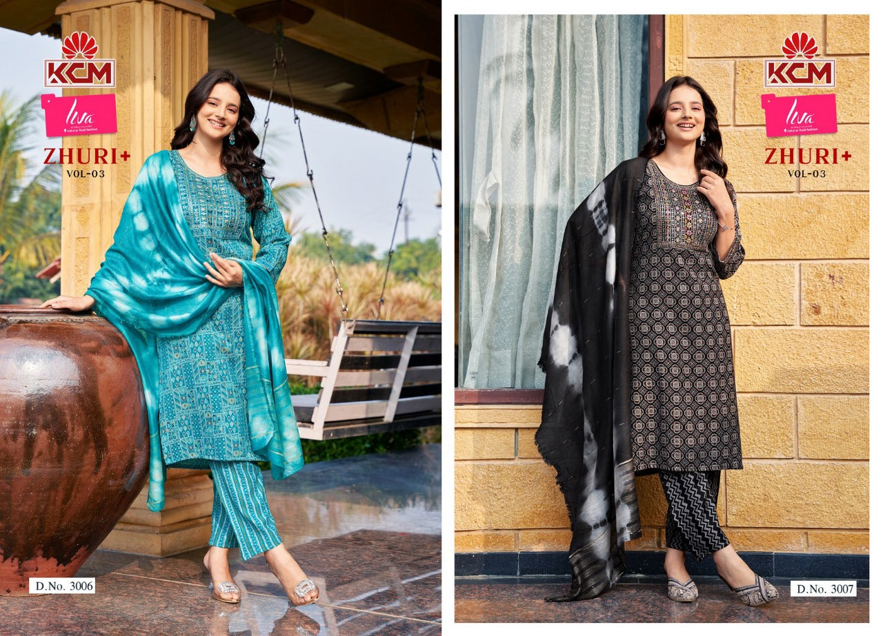 Zhuri Vol 3 Kcm Capsule Rayon Readymade Pant Style Suits Exporter Gujarat