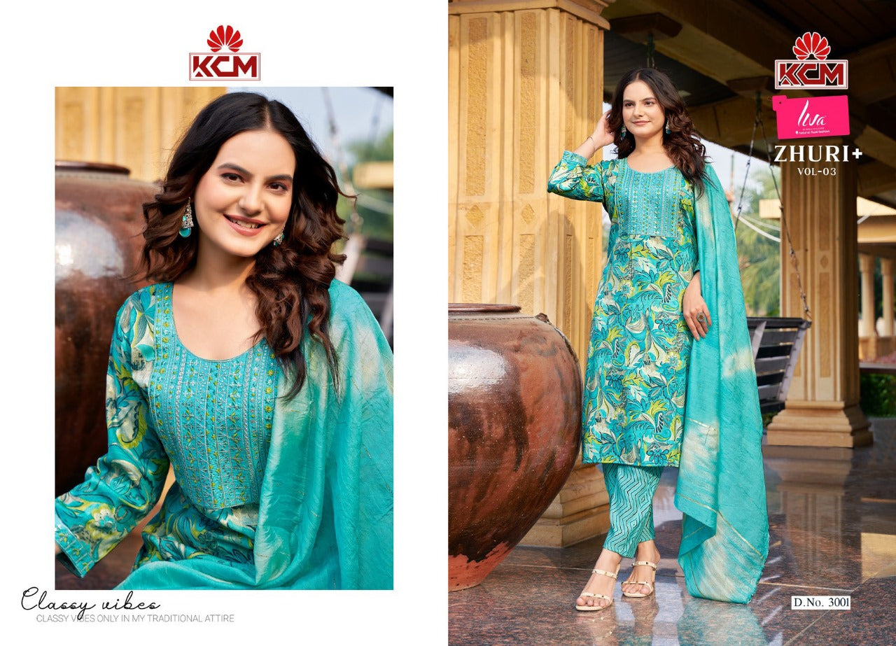 Zhuri Vol 3 Kcm Capsule Rayon Readymade Pant Style Suits Exporter Gujarat