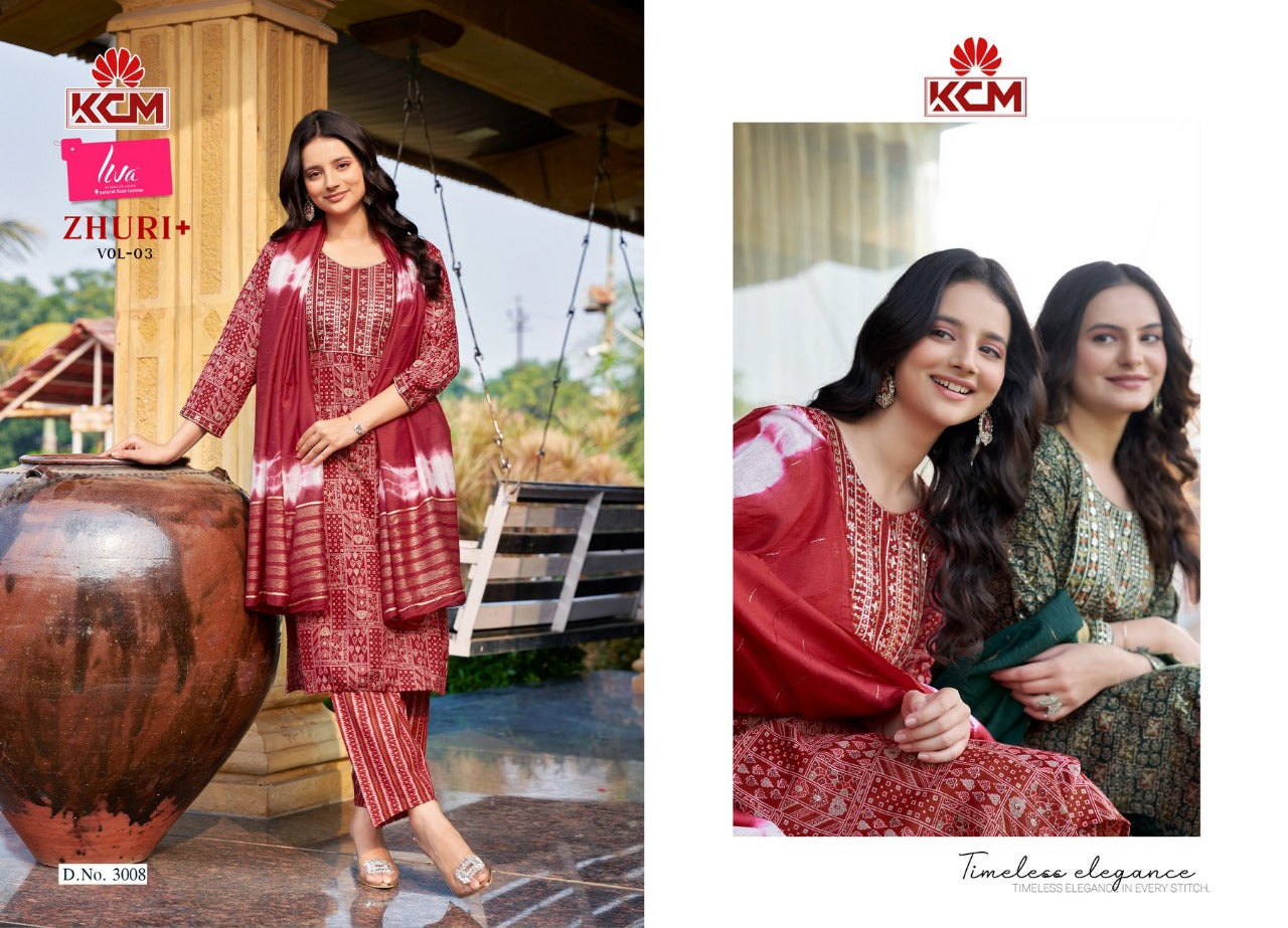 Zhuri Vol 3 Kcm Capsule Rayon Readymade Pant Style Suits Exporter Gujarat