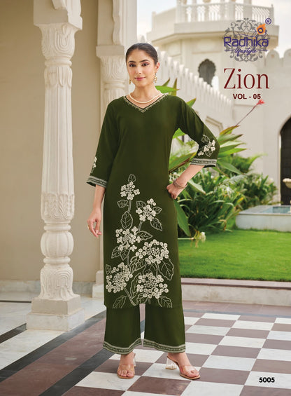 Zion Vol 5 Radhika Lifestyle Rayon 18Kg Kurti Plazzo Set Manufacturer India