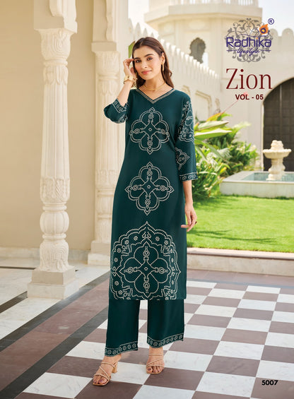 Zion Vol 5 Radhika Lifestyle Rayon 18Kg Kurti Plazzo Set Manufacturer India