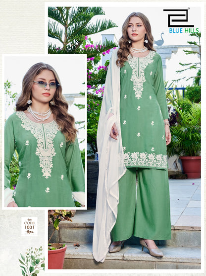 Ziva Vol 3 Blue Hills Rayon 14Kg Readymade Plazzo Style Suits Wholesale Rate