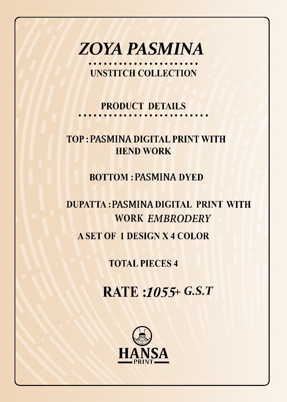 Zoya Hansa Prints Pashmina Suits Wholesaler Ahmedabad