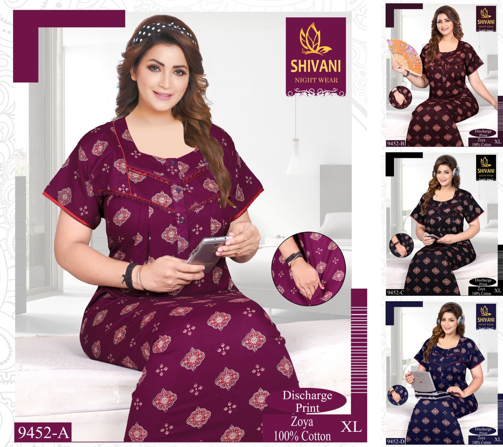 Discharge Print Zoya Shivani Cotton Night Gowns Wholesaler Ahmedabad