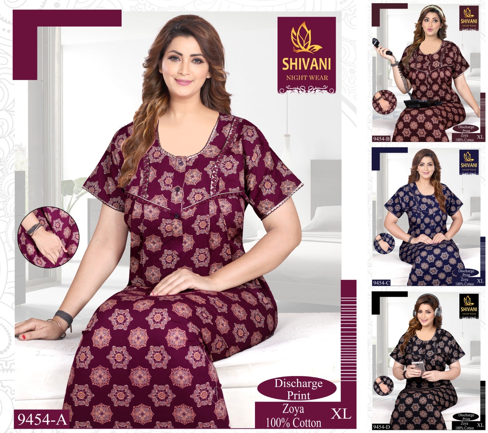 Discharge Print Zoya Shivani Cotton Night Gowns Wholesaler Ahmedabad