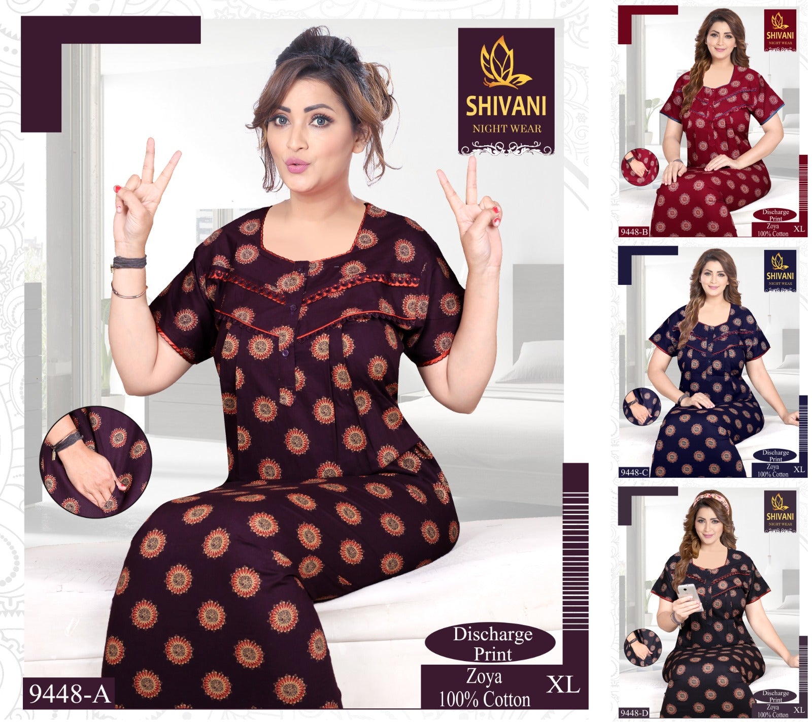 Discharge Print Zoya Shivani Cotton Night Gowns Wholesaler Ahmedabad