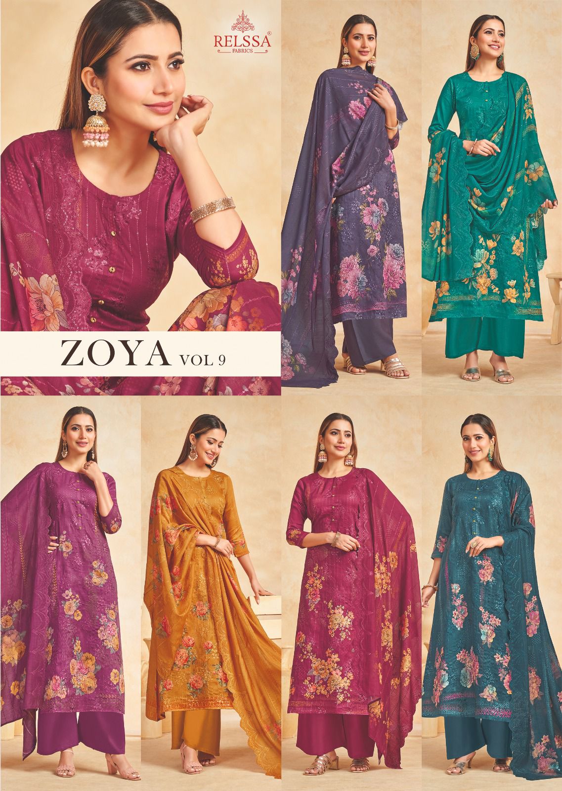 Zoya Vol 9 Relssa Fabrics Cotton Satin Plazzo Style Suits